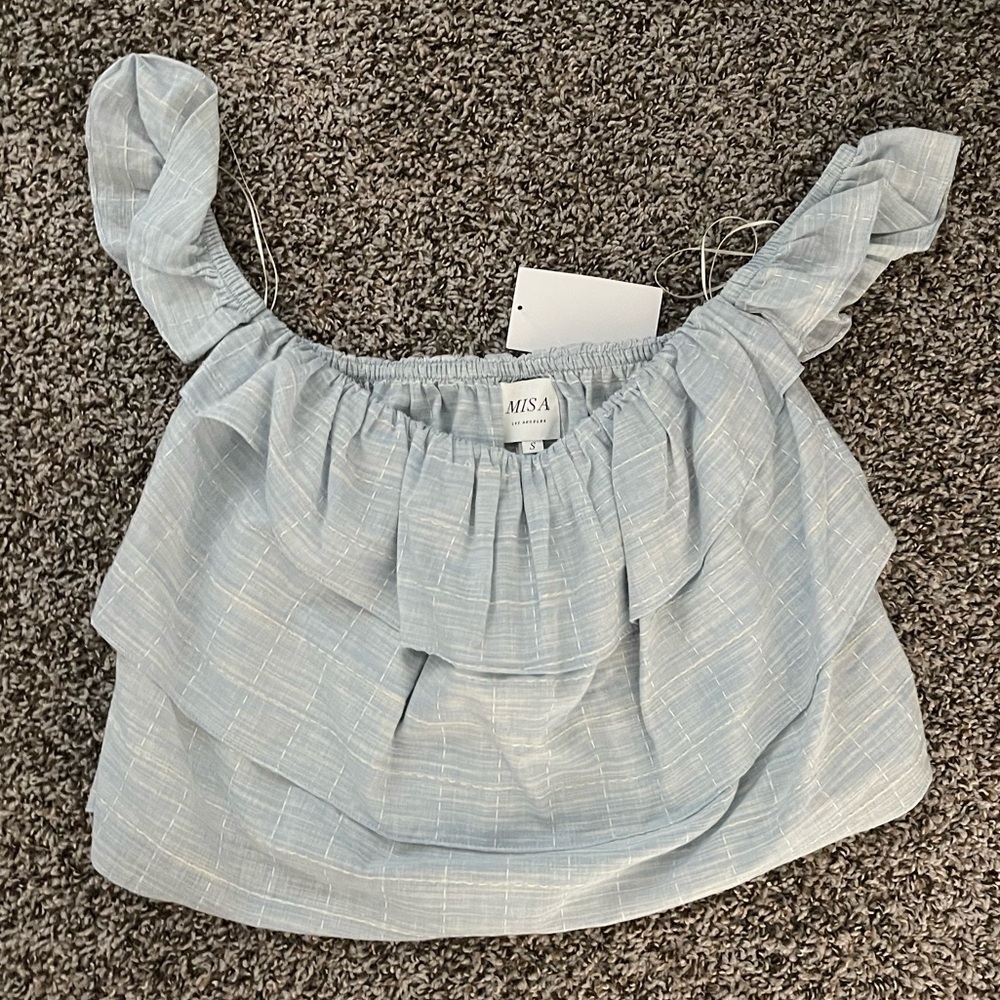 Misa Plaid Blue Off the Shoulder crop top